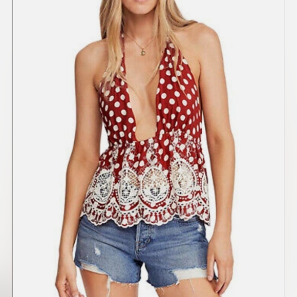 Free People Lunch Date Rust Polka Dot Adjustable Boho Halter Top, Babydoll M EUC - Picture 2 of 15